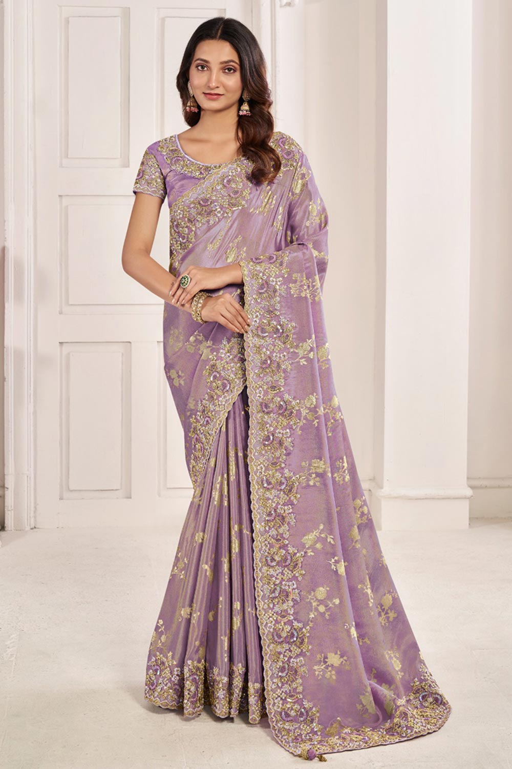 Light Lavender Viscose Resham Embroidery Party Wear Designer Saree