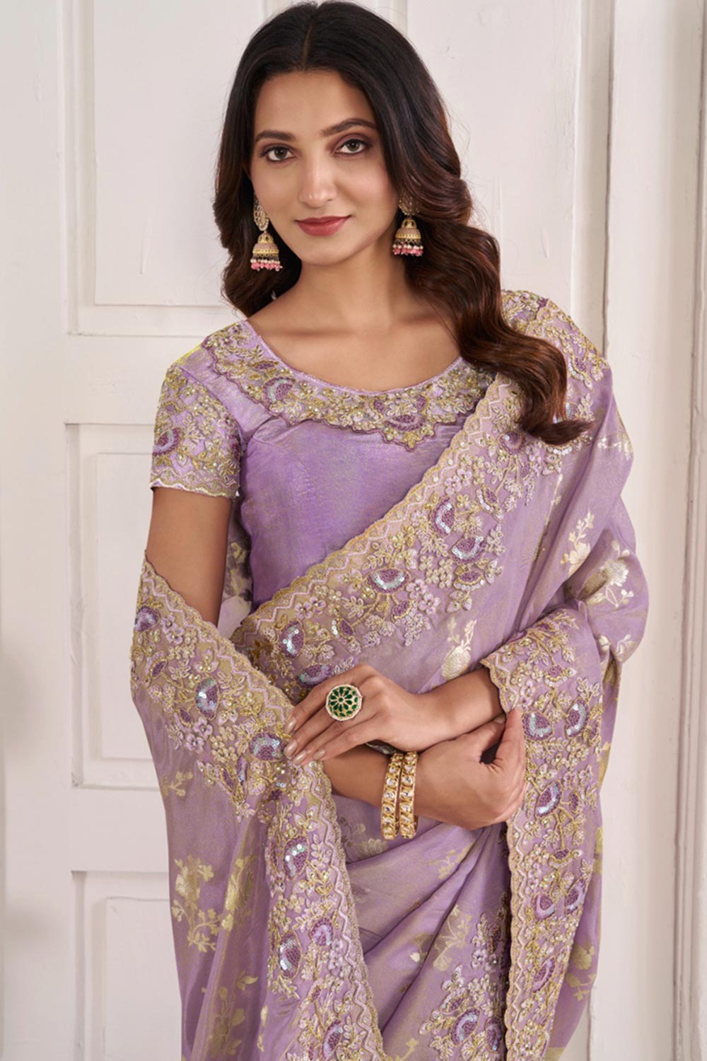 Light Lavender Viscose Resham Embroidery Party Wear Designer Saree