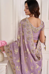 Light Lavender Viscose Resham Embroidery Party Wear Designer Saree