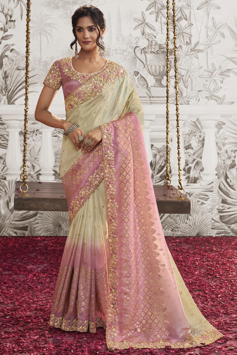 Cream Viscose Resham Embroidery Party Wear Designer Saree