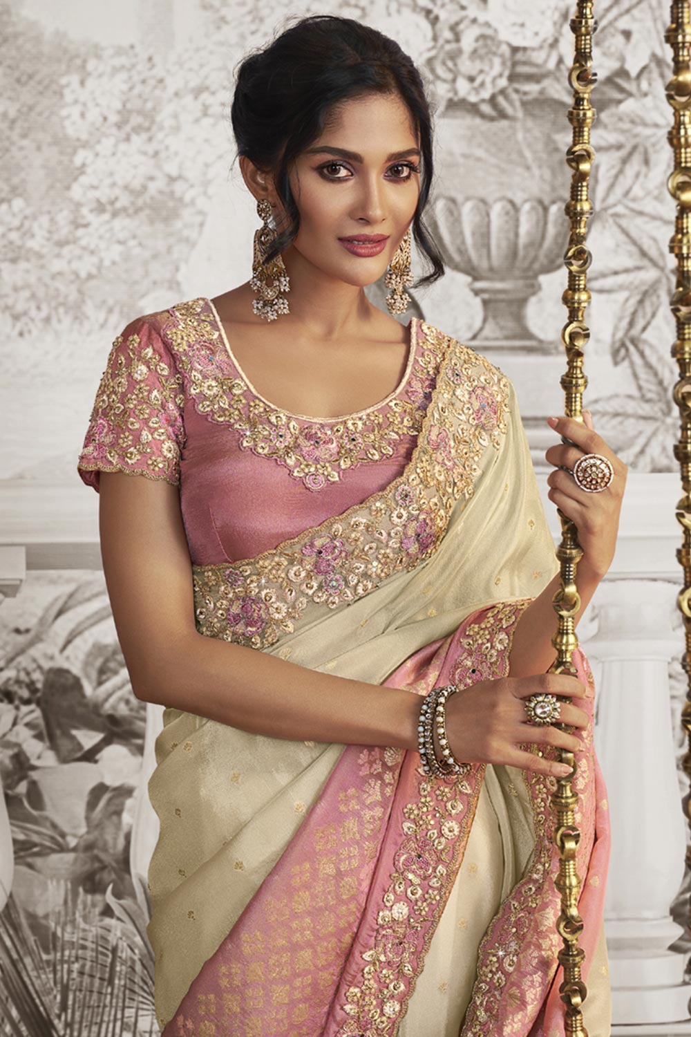 Cream Viscose Resham Embroidery Party Wear Designer Saree