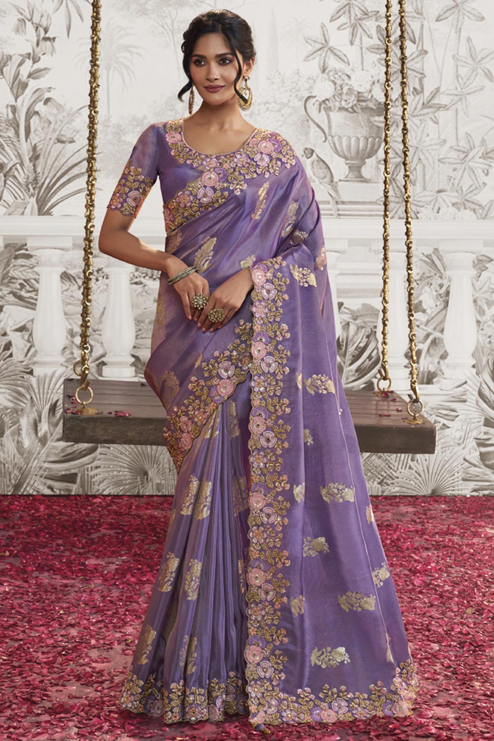 Light Purple Viscose Resham Embroidery Party Wear Designer Saree