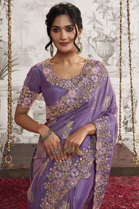 Light Purple Viscose Resham Embroidery Party Wear Designer Saree