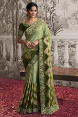 Light Green Viscose Resham Embroidery Party Wear Designer Saree