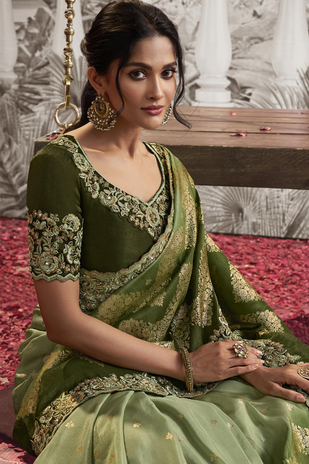 Light Green Viscose Resham Embroidery Party Wear Designer Saree