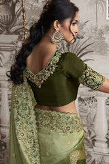 Light Green Viscose Resham Embroidery Party Wear Designer Saree