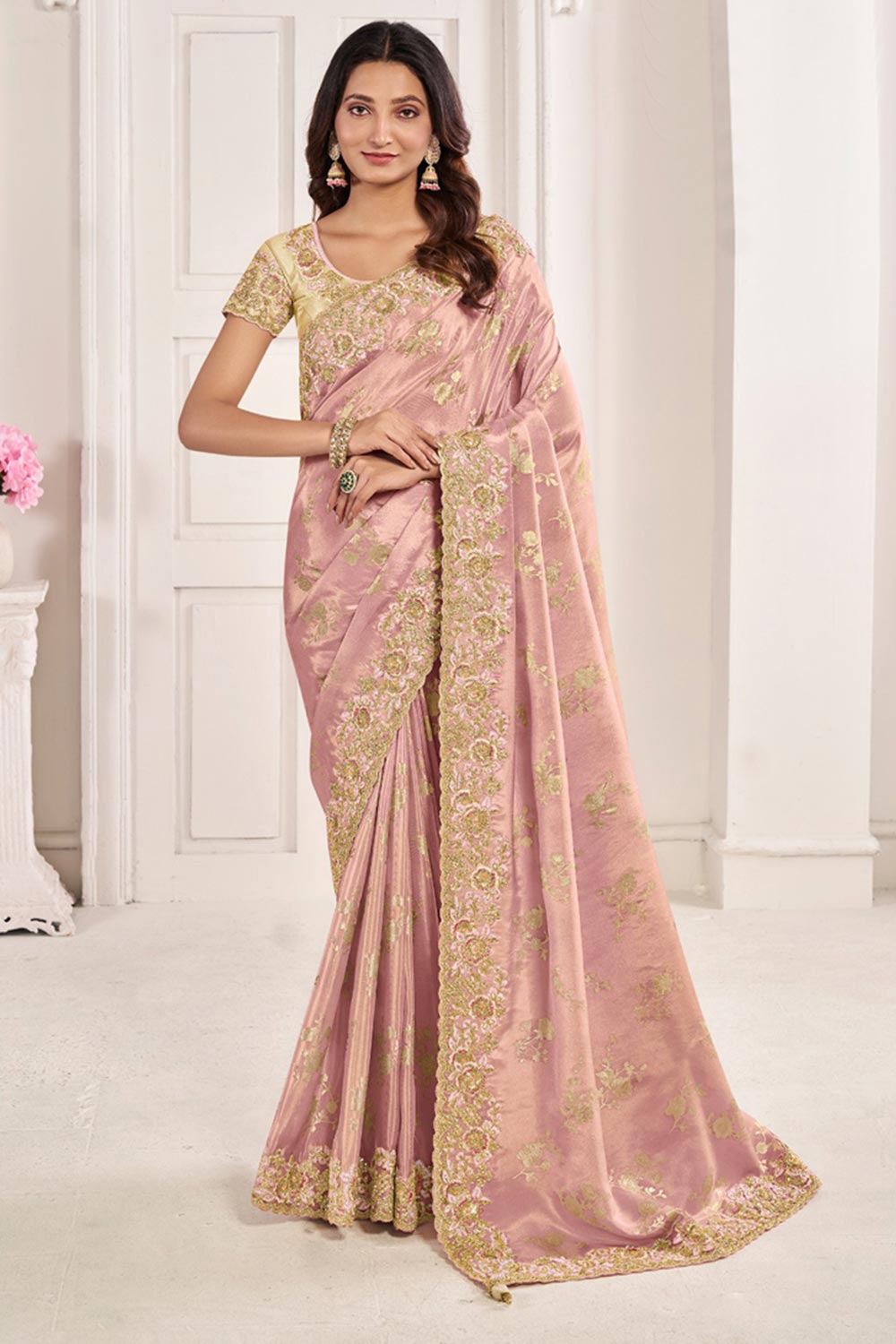 Baby Pink Viscose Resham Embroidery Party Wear Designer Saree