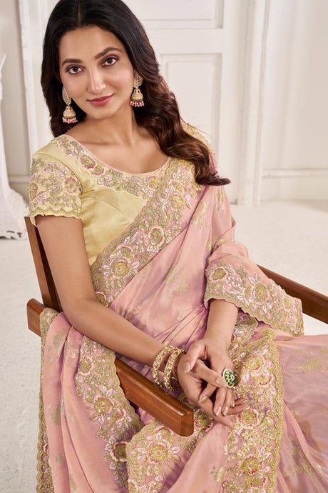 Baby Pink Viscose Resham Embroidery Party Wear Designer Saree