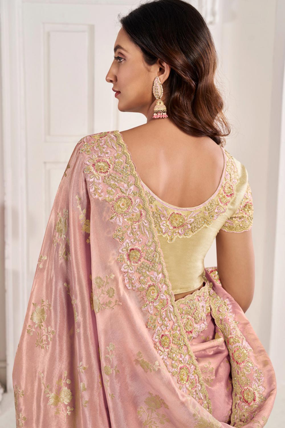 Baby Pink Viscose Resham Embroidery Party Wear Designer Saree