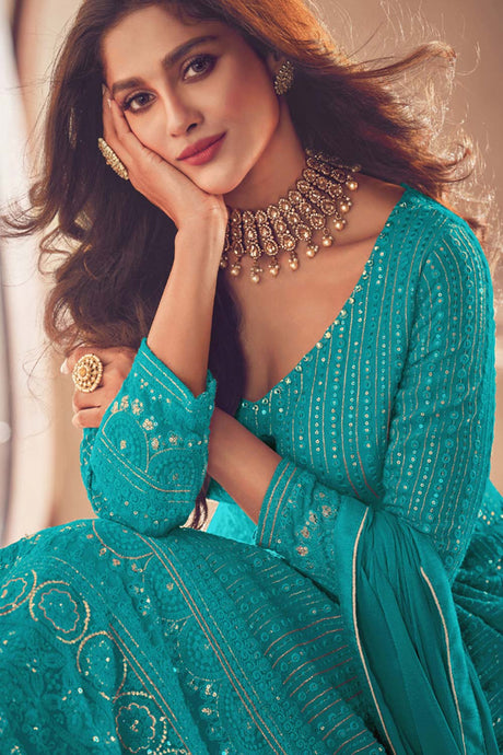 Turquoise Georgette Embroidered Pakistani Salwar Kameez