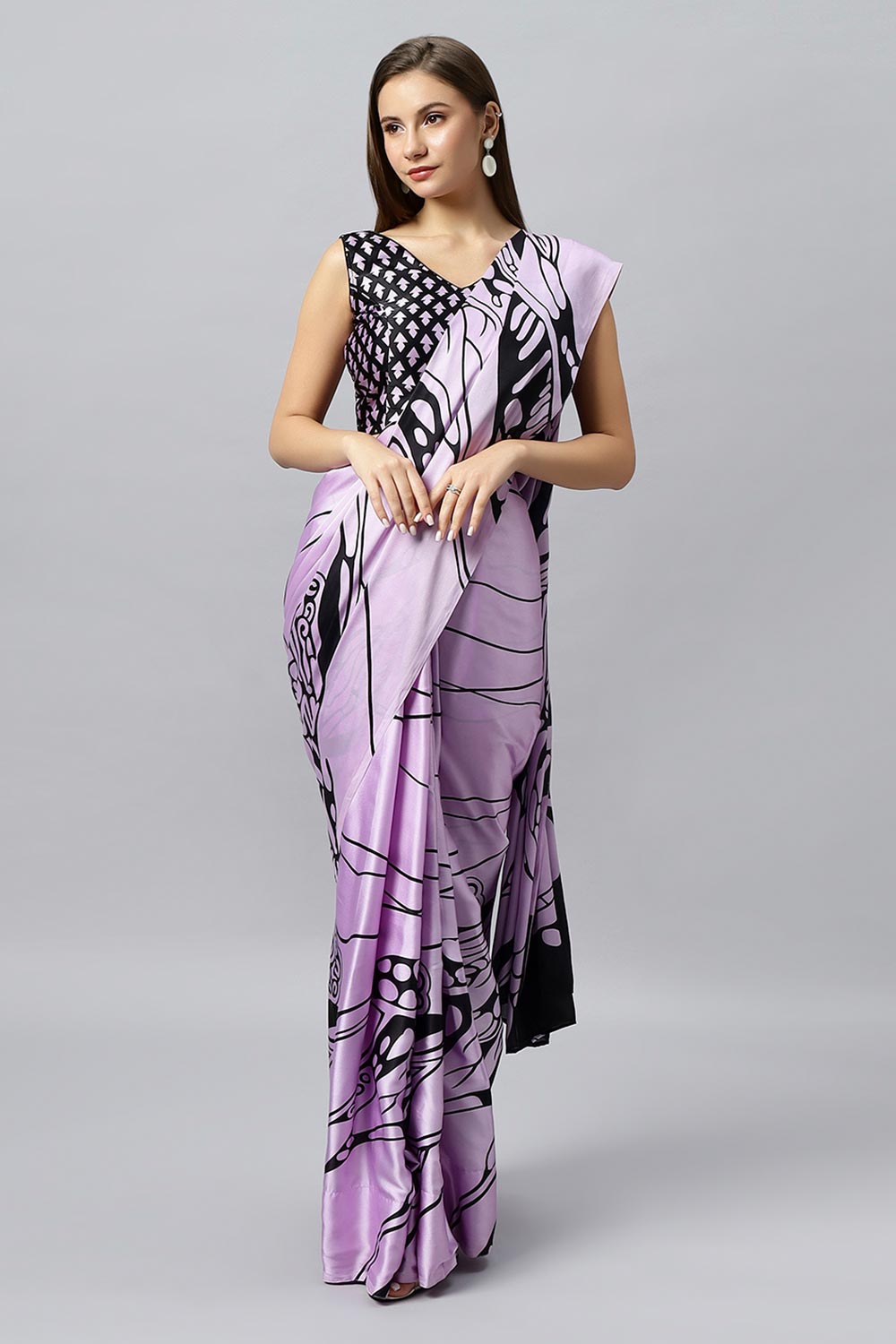 Lorna Lavender Printed Satin Crepe Ready To Wear Saree