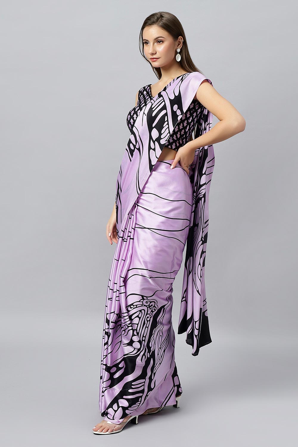 Lorna Lavender Printed Satin Crepe Ready To Wear Saree