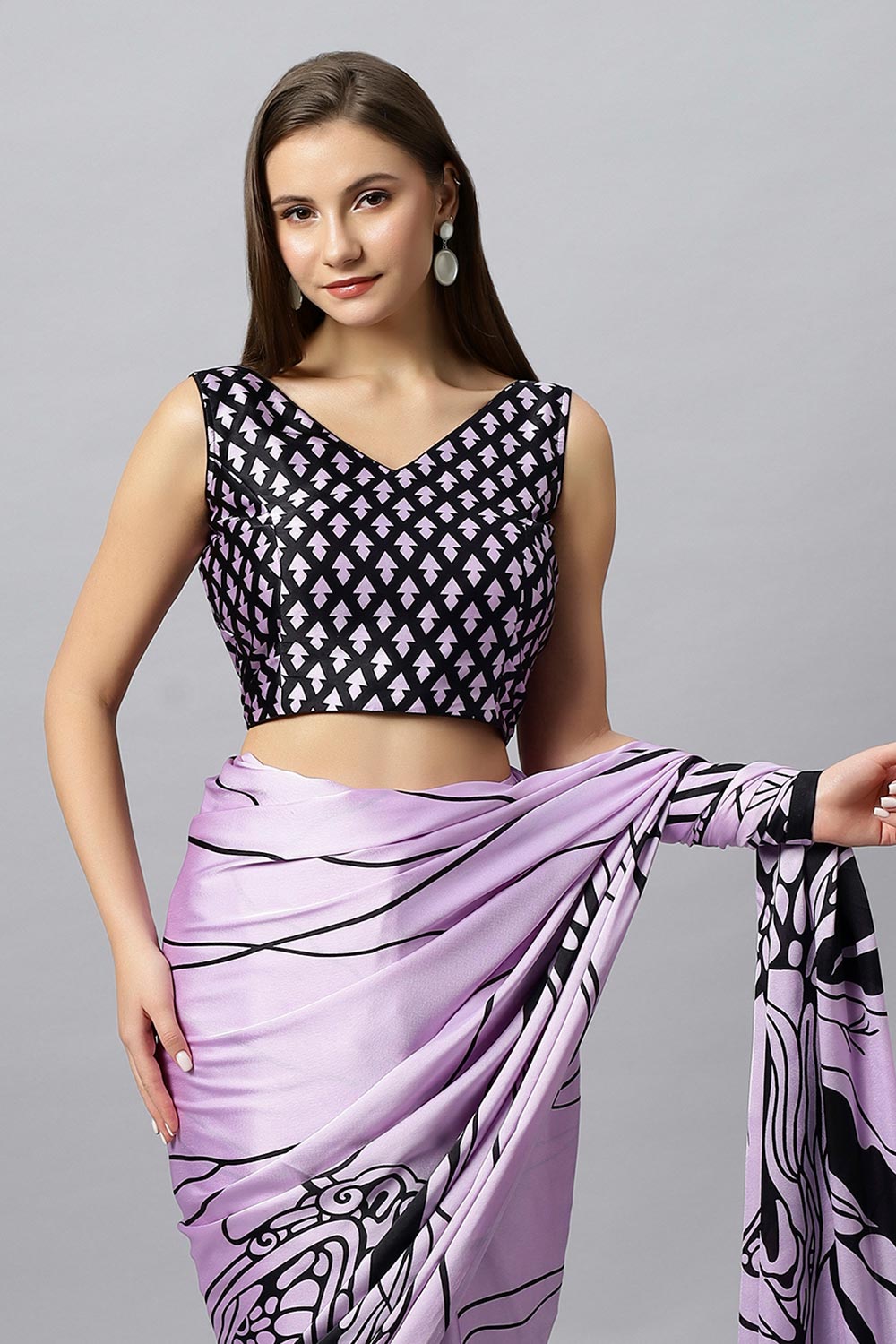 Lorna Lavender Printed Satin Crepe Ready To Wear Saree