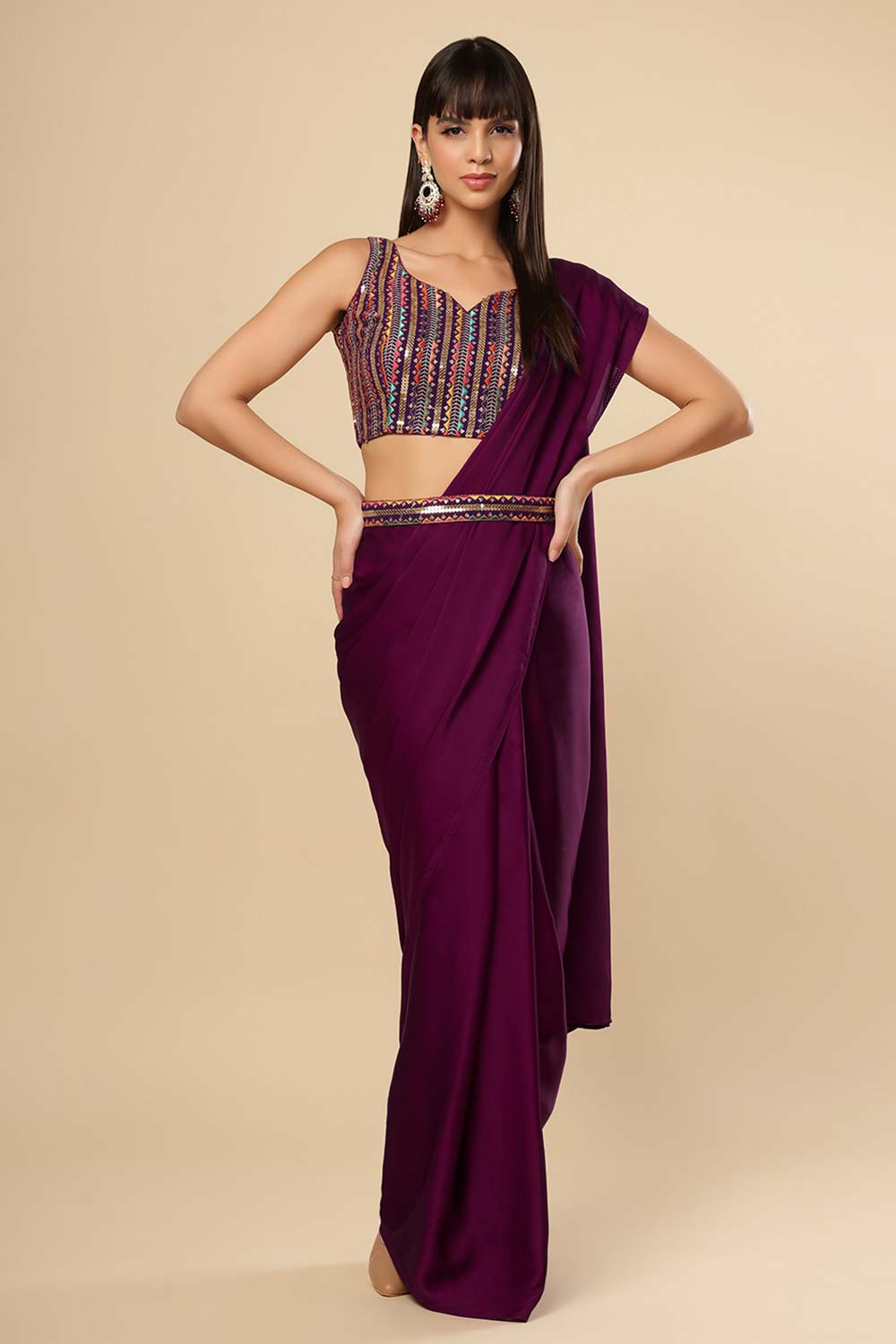 Bianca Burgundy Silk Ready To Wear Saree Set With Shimmer Blouse