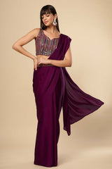 Bianca Burgundy Silk Ready To Wear Saree Set With Shimmer Blouse