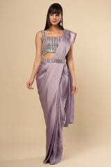 Neri Violet Grey Silk Ready To Wear Saree Set With Shimmer Blouse & Belt