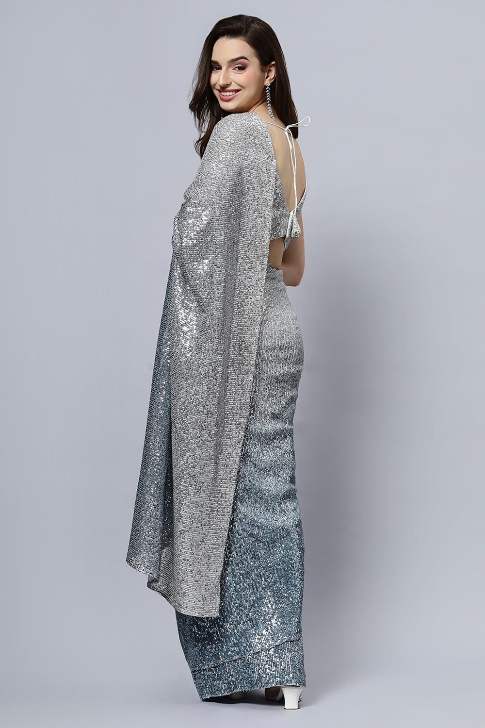 Madelyn Luxe Steel Blue Ombre Sequin Ready To Wear Saree