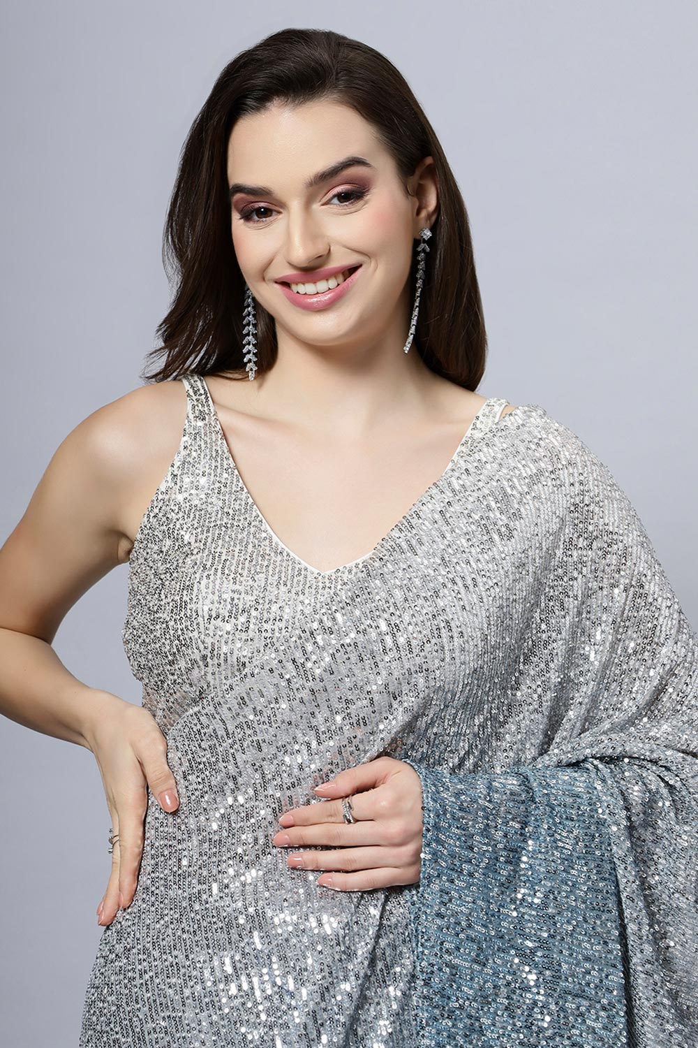 Madelyn Luxe Steel Blue Ombre Sequin Ready To Wear Saree