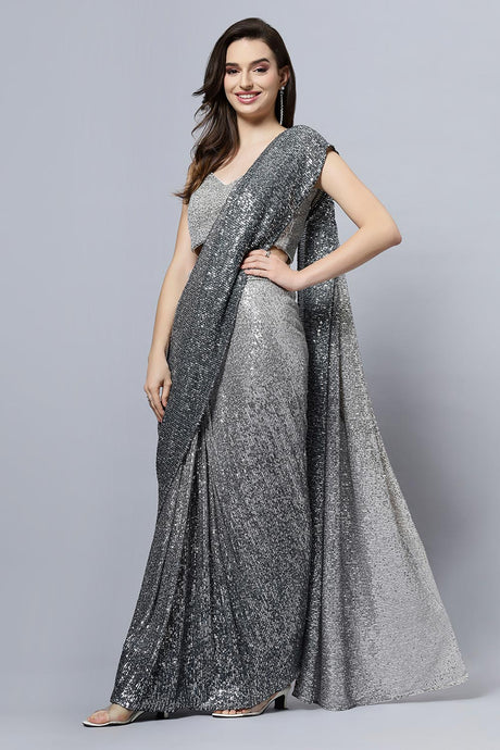 Luna Luxe Black & Grey Ombre Sequins Ready To Wear Saree