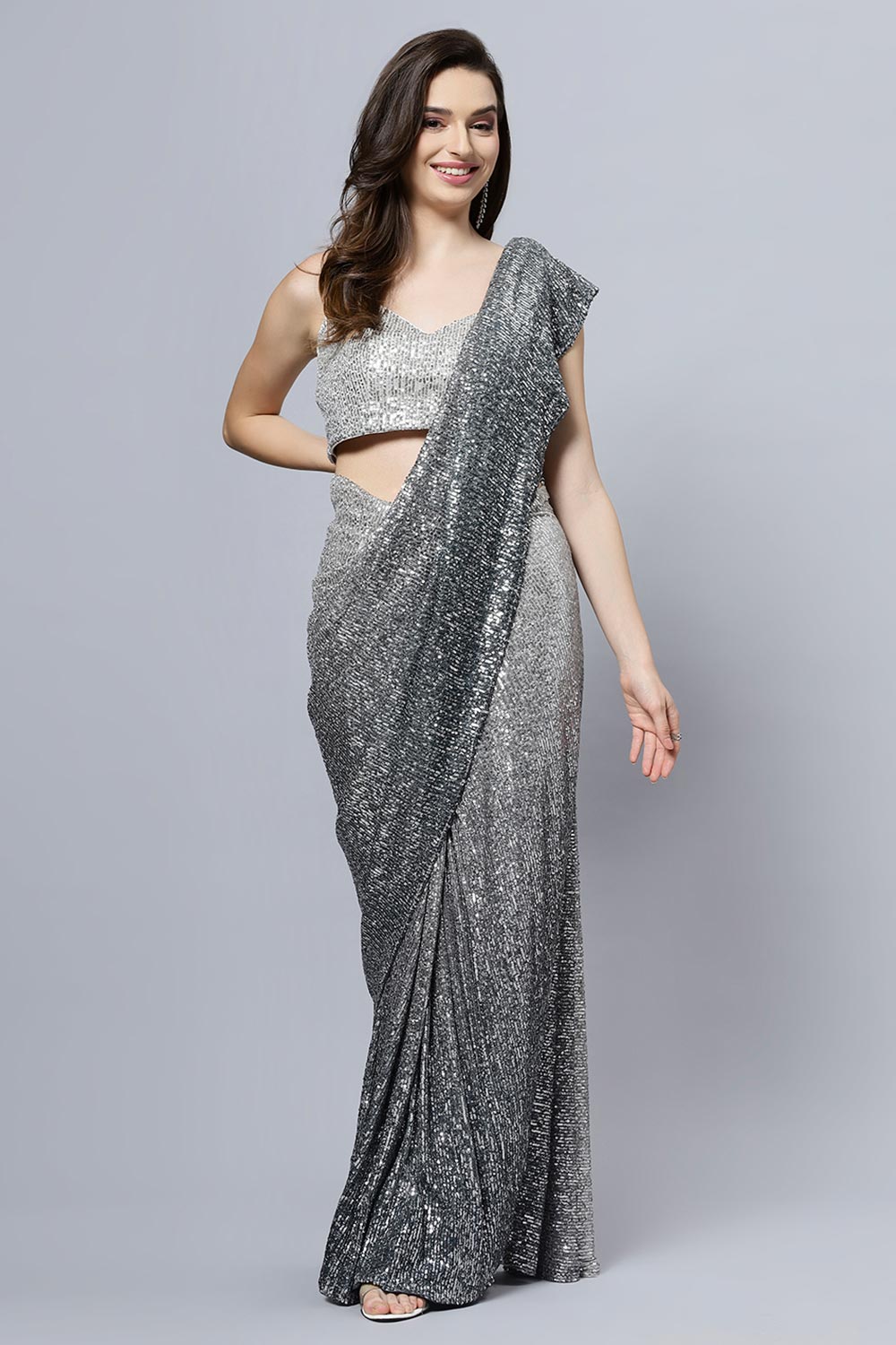 Luna Luxe Black & Grey Ombre Sequins Ready To Wear Saree