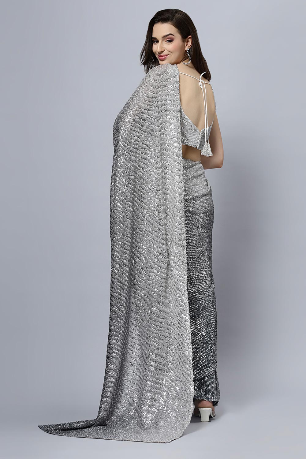 Luna Luxe Black & Grey Ombre Sequins Ready To Wear Saree