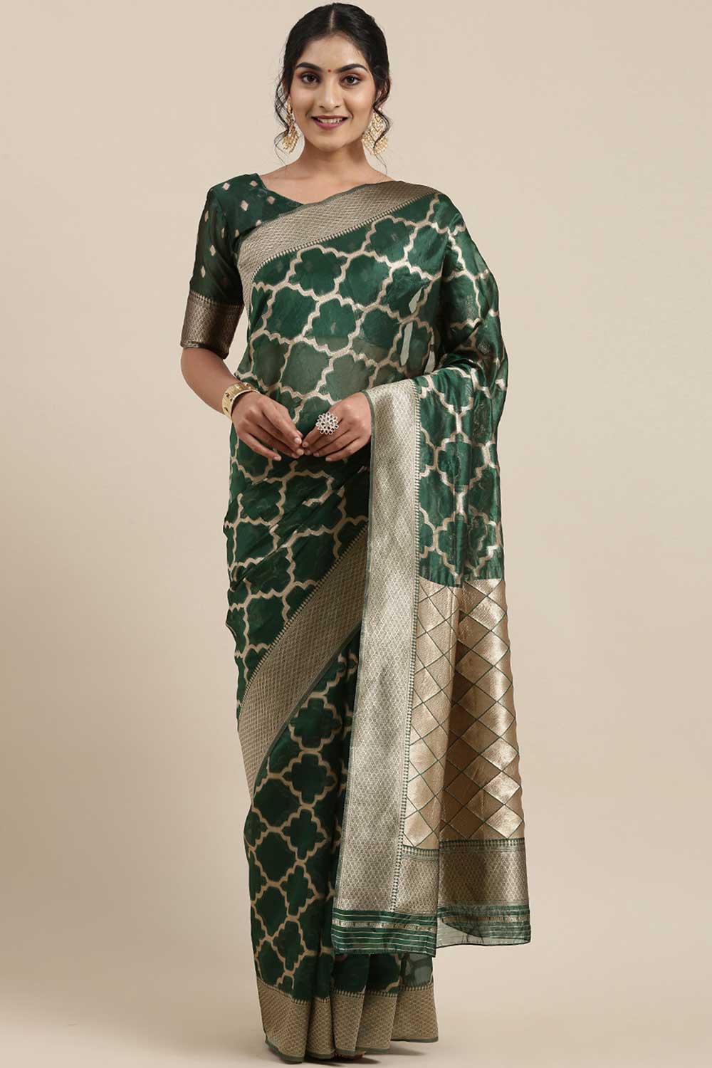 fabric-organza print-floral Saree In Green