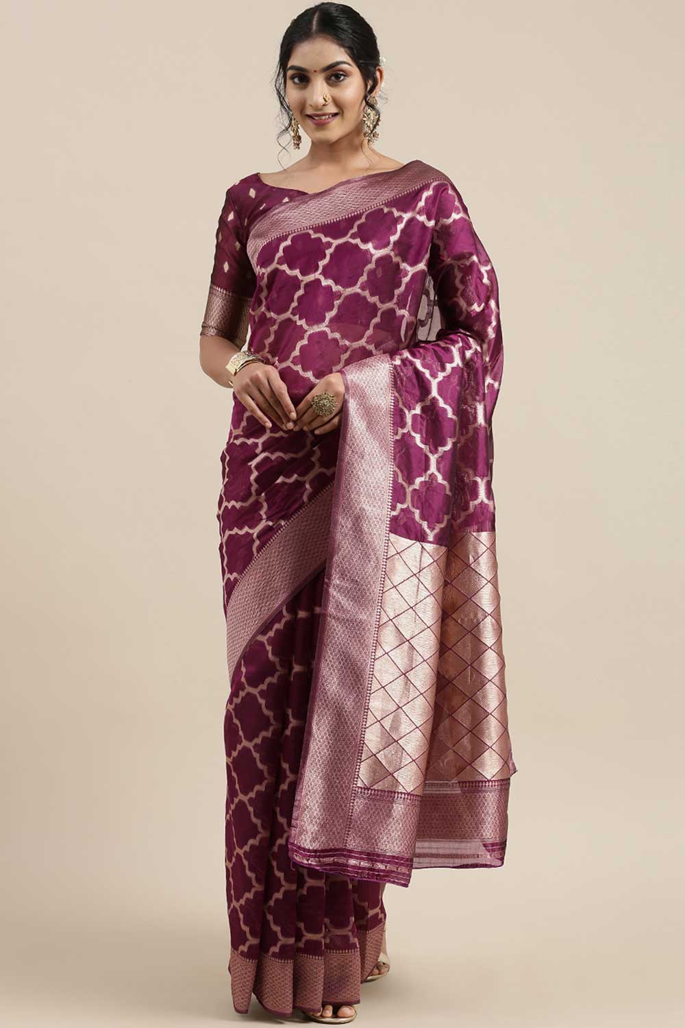 fabric-organza print-floral Saree In Magenta