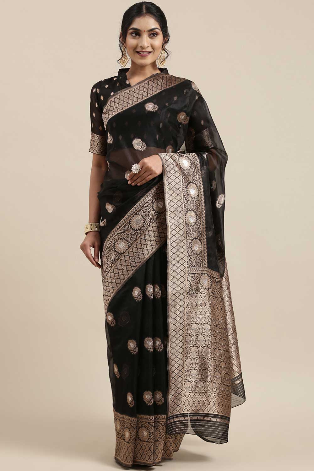 fabric-organza print-floral Woven Saree In Black