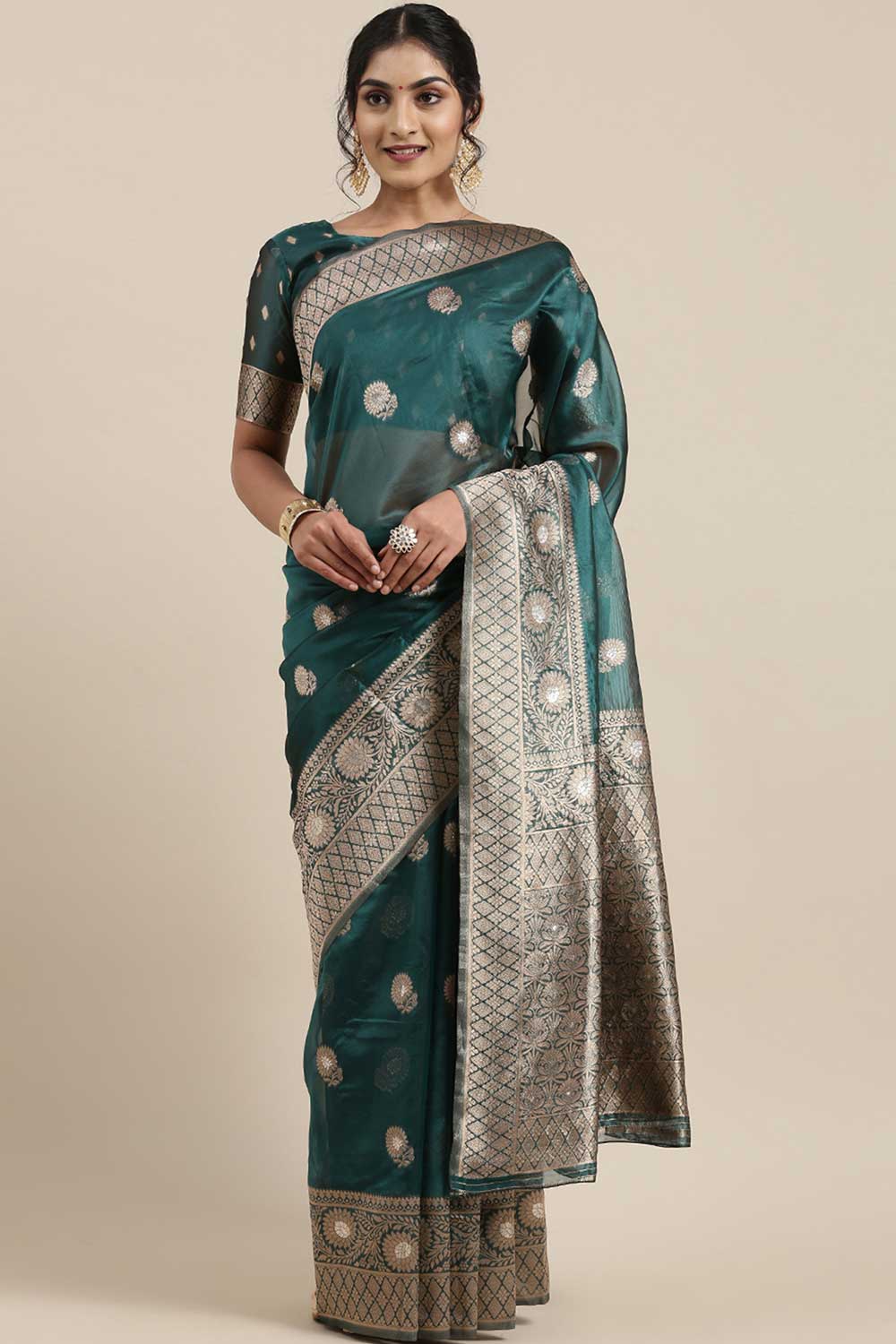 fabric-organza print-floral Woven Saree In Teal Blue