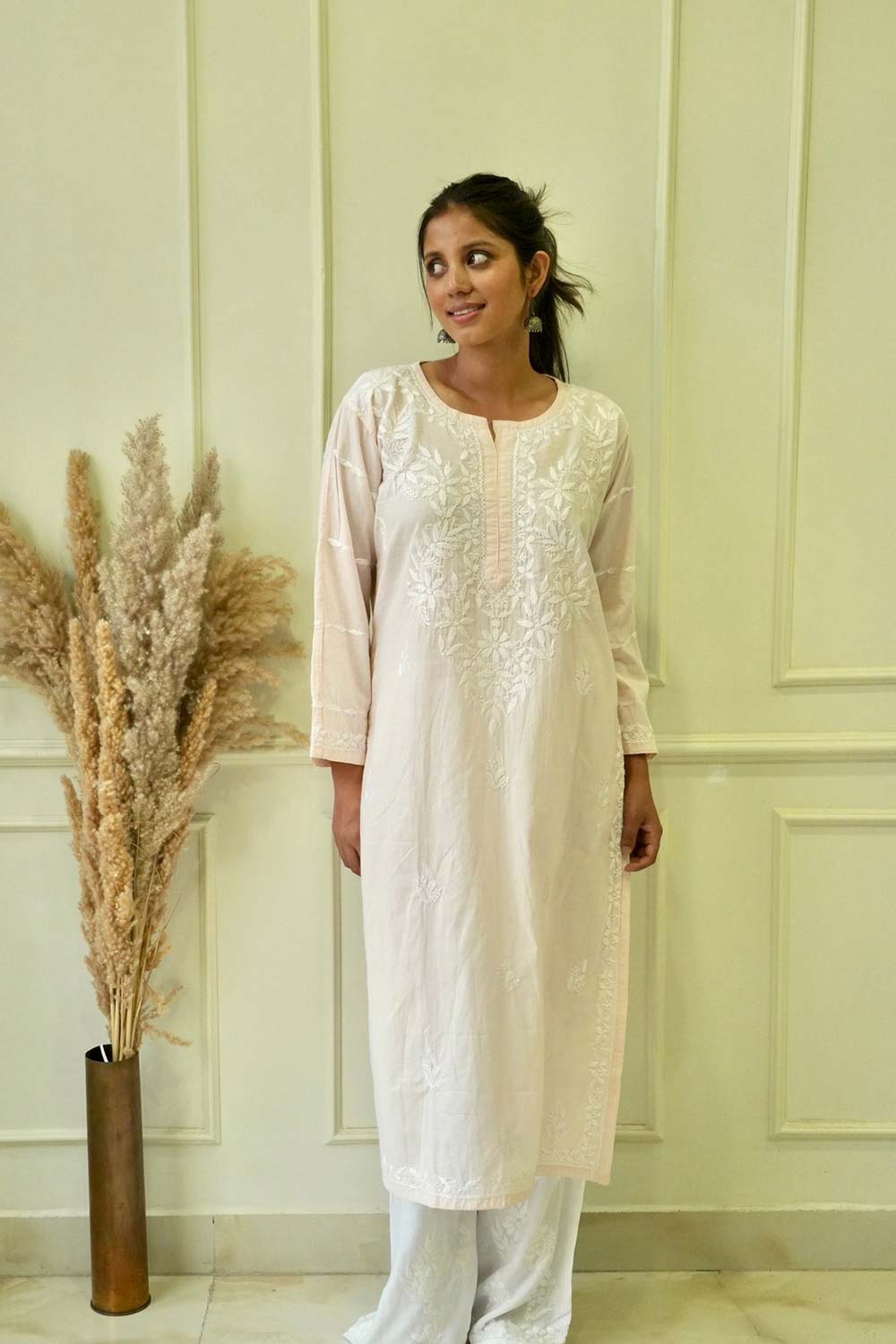 Pakizah Chikankari cotton kurti in Peach