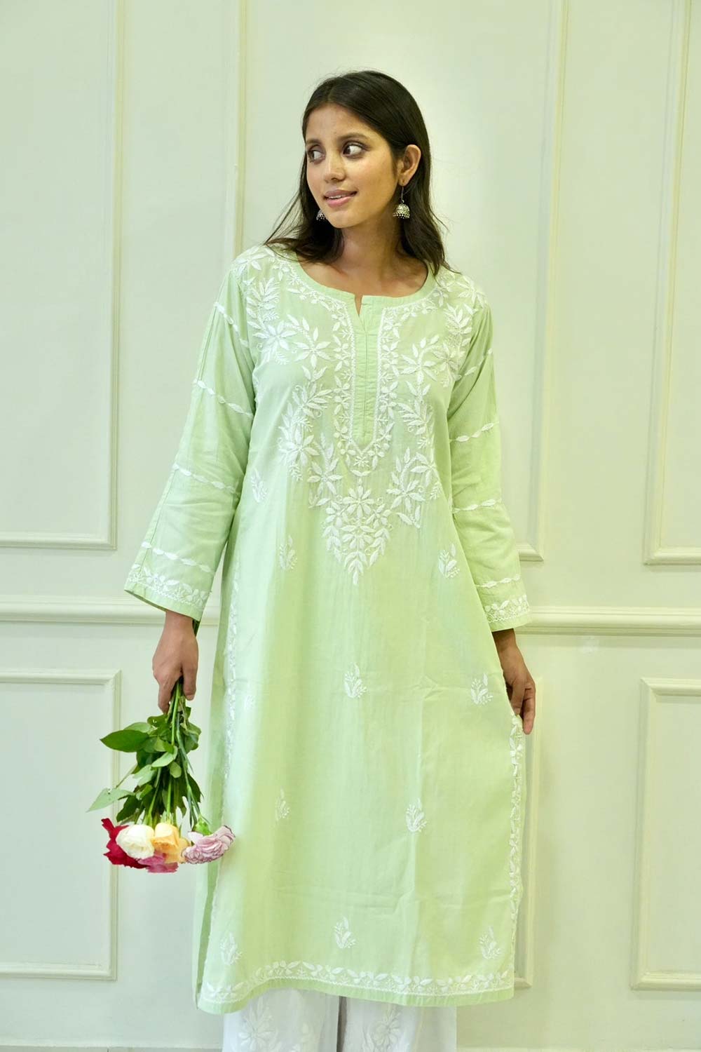 Pakizah Chikankari cotton kurti in Green