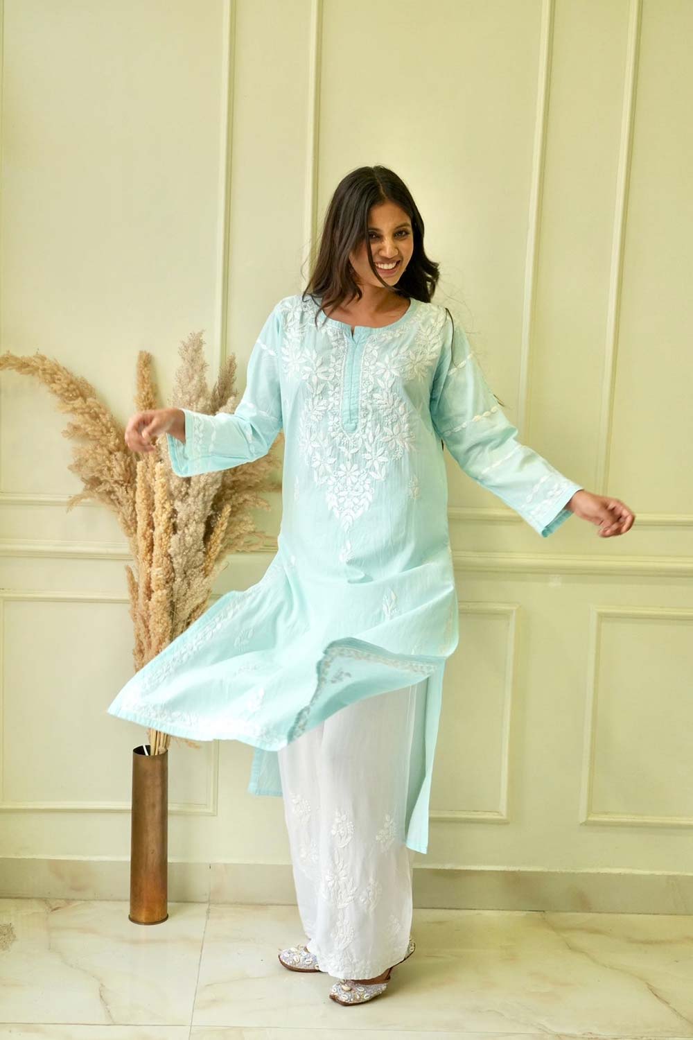 Pakizah Chikankari cotton kurti in Sea green