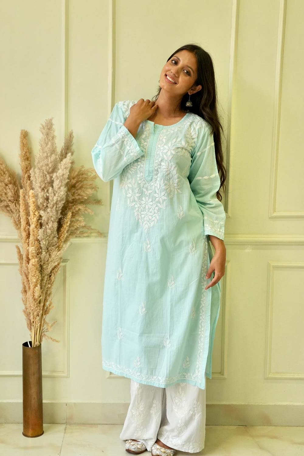 Pakizah Chikankari cotton kurti in Sea green