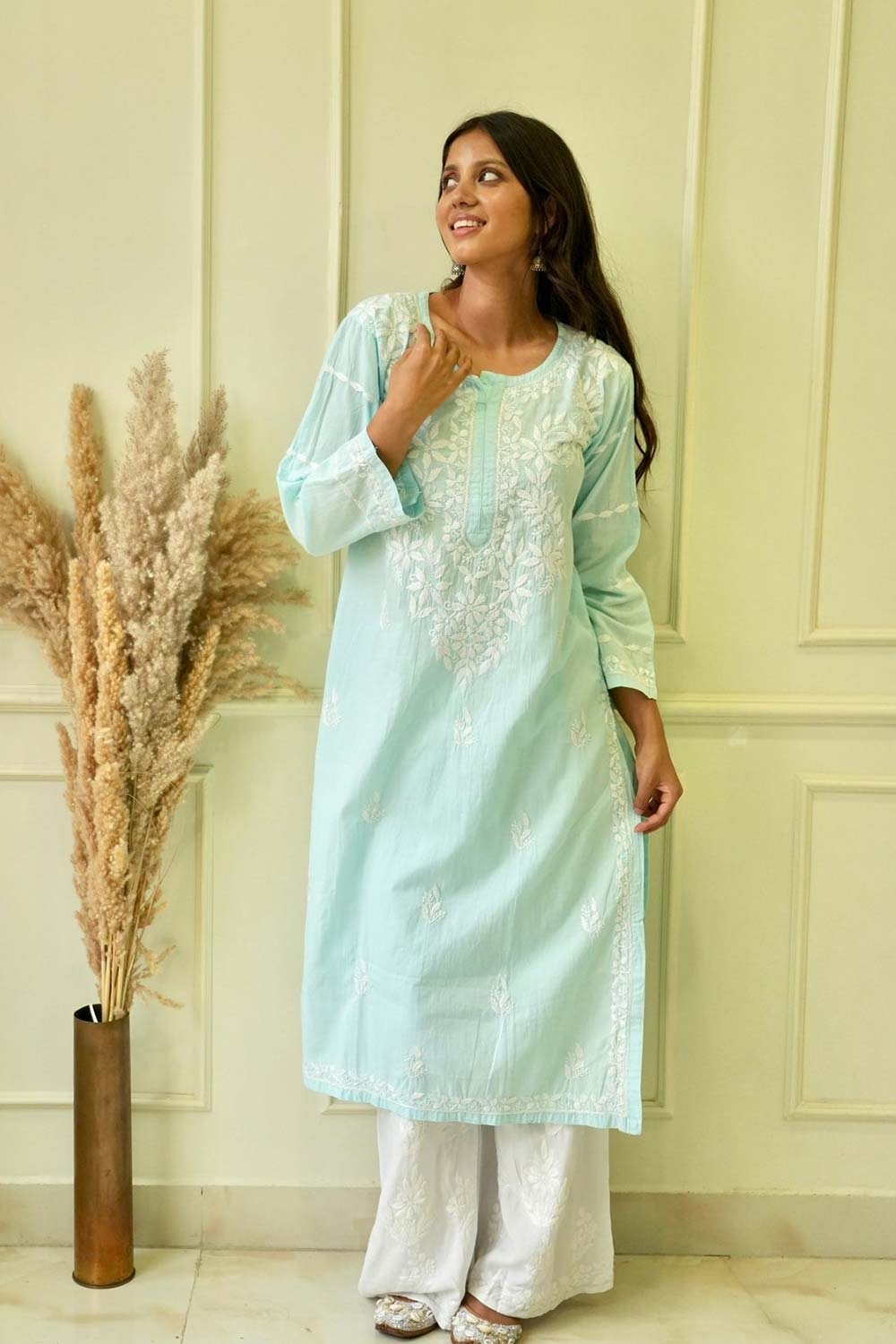 Pakizah Chikankari cotton kurti in Sea green