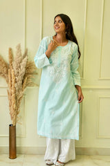 Pakizah Chikankari cotton kurti in Sea green