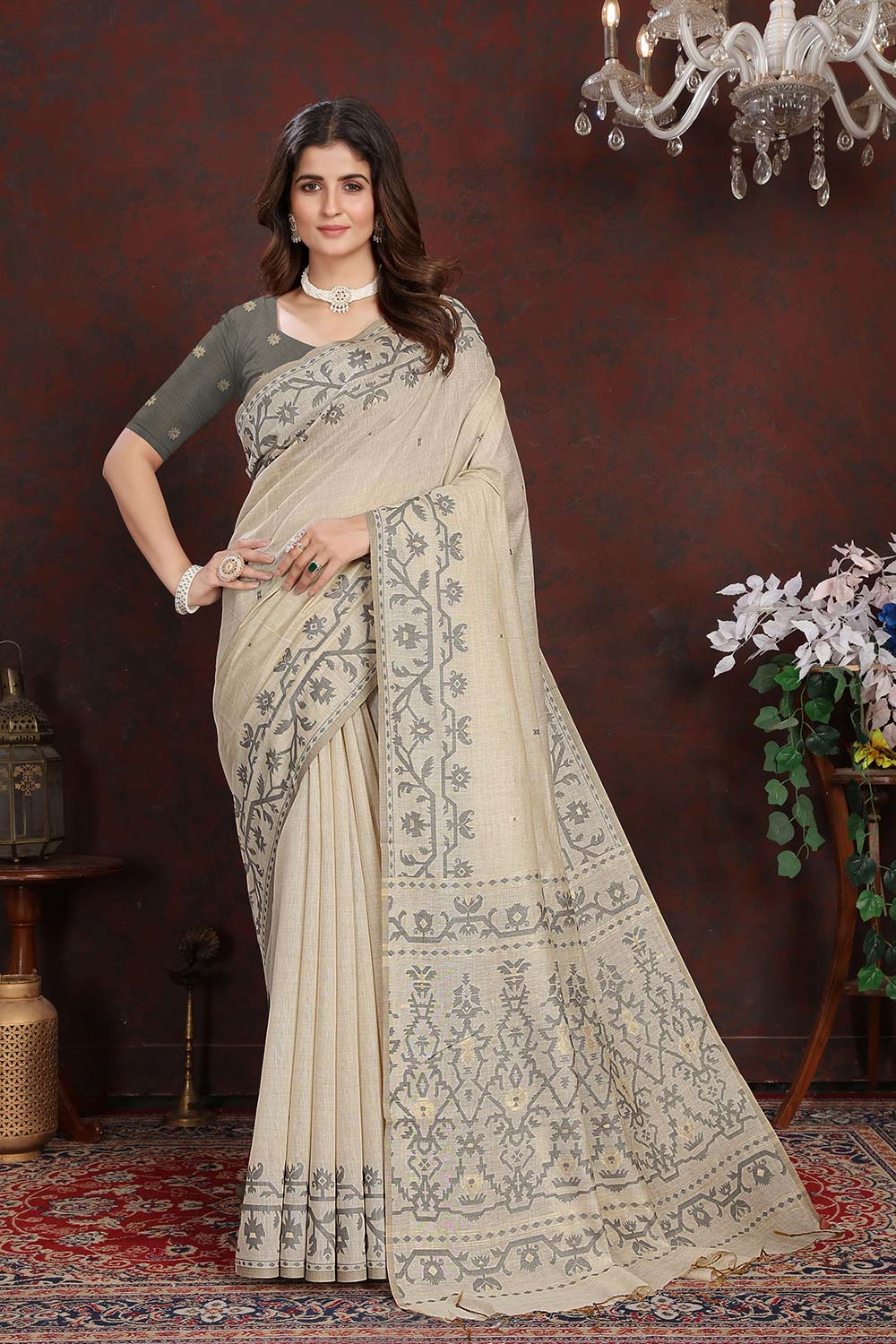 Grey Mulmul Cotton Jamdani Saree