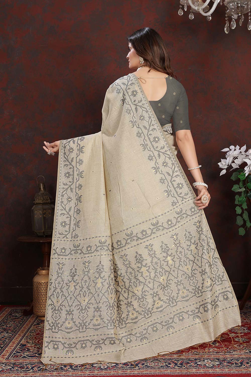 Grey Mulmul Cotton Jamdani Saree