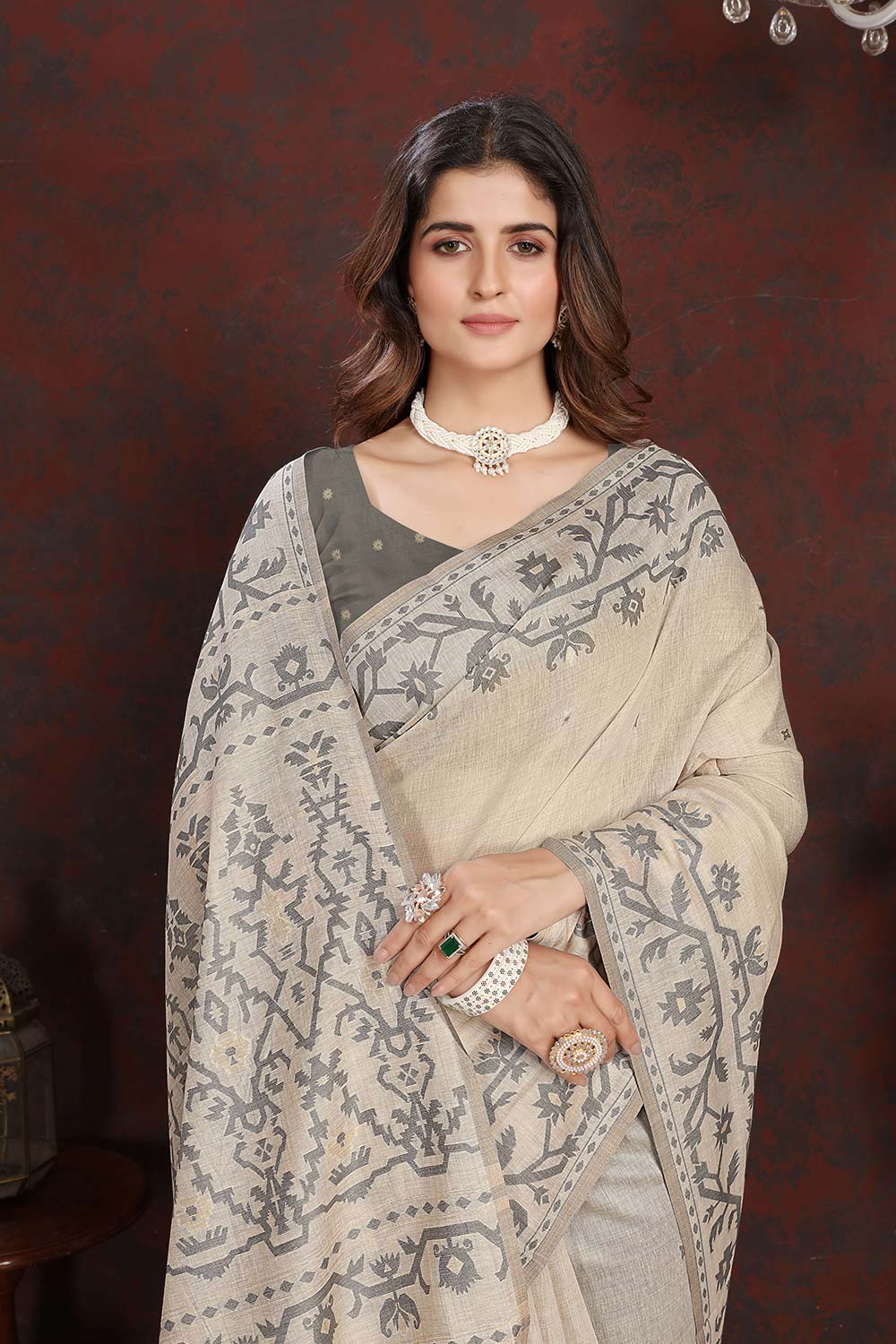 Grey Mulmul Cotton Jamdani Saree