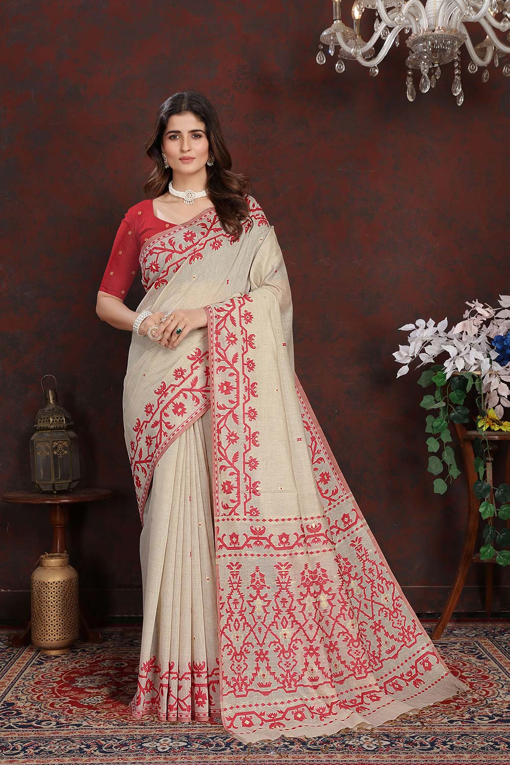 Red Mulmul Cotton Jamdani Saree