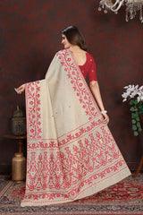 Red Mulmul Cotton Jamdani Saree