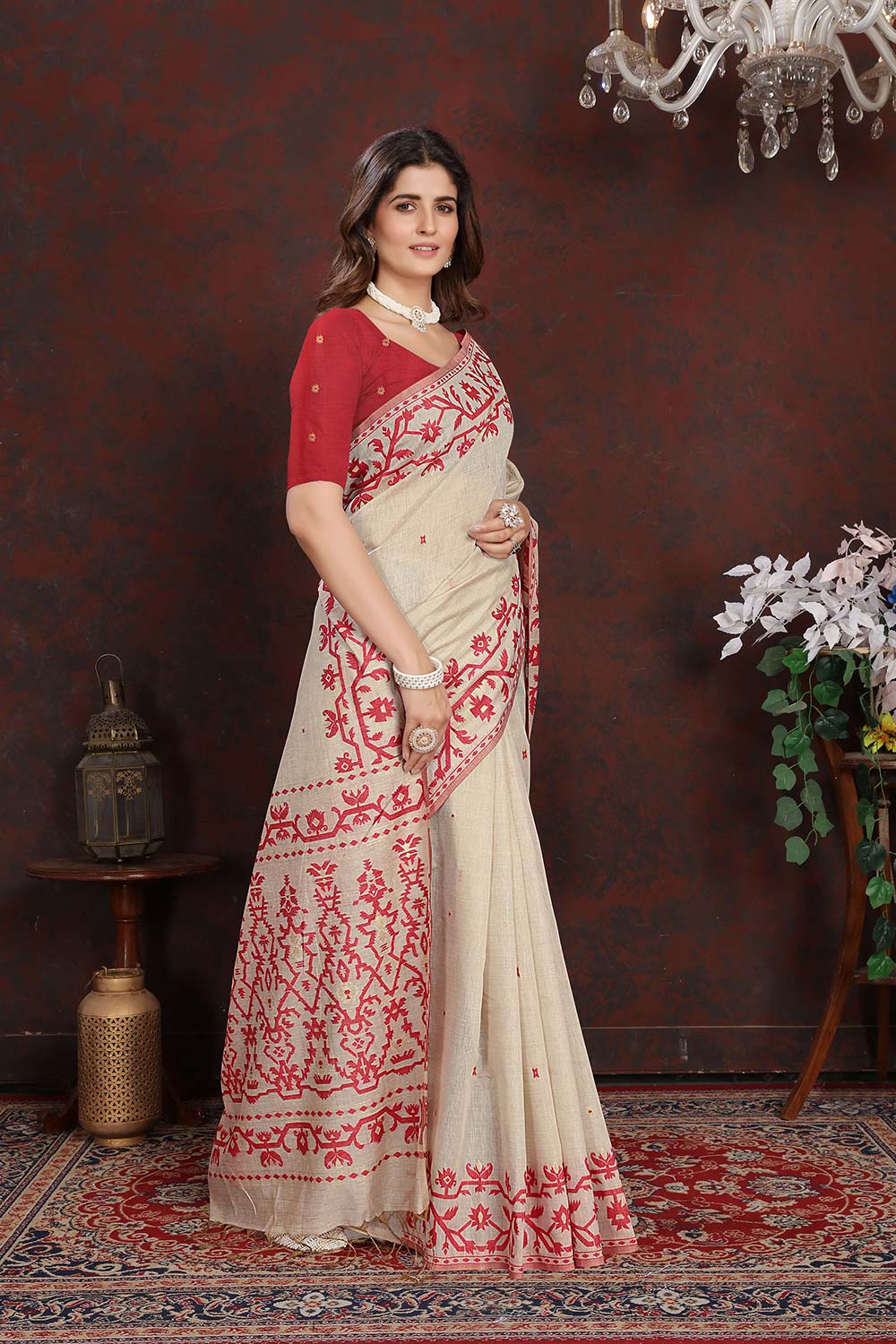 Red Mulmul Cotton Jamdani Saree