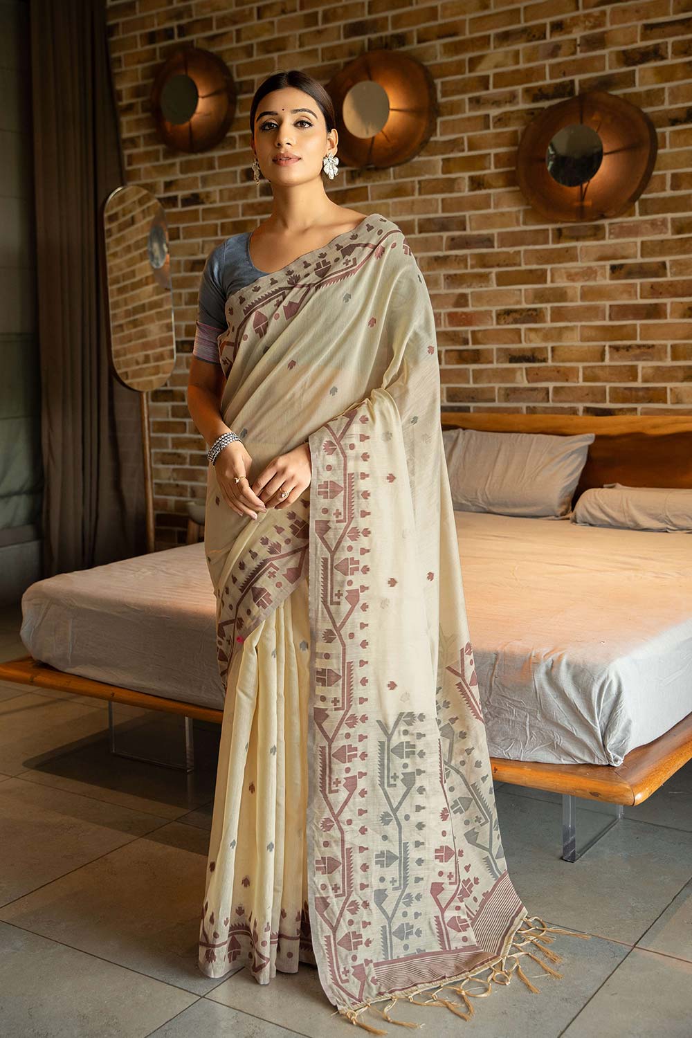 Grey Jamdani Soft Cotton Saree