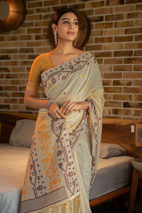 Mustard Jamdani Soft Cotton Saree