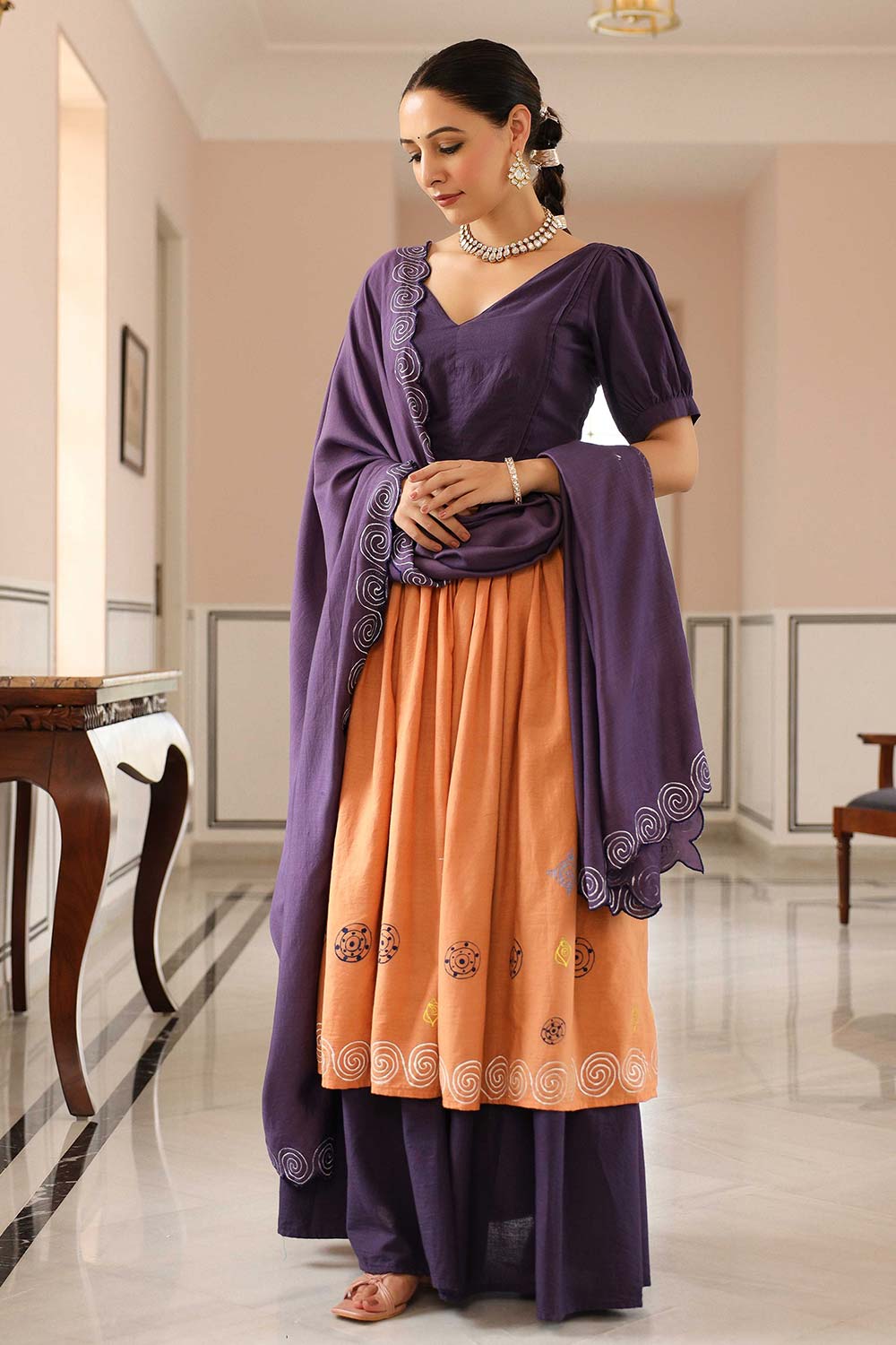 Purple Cotton Flared Lehenga Set