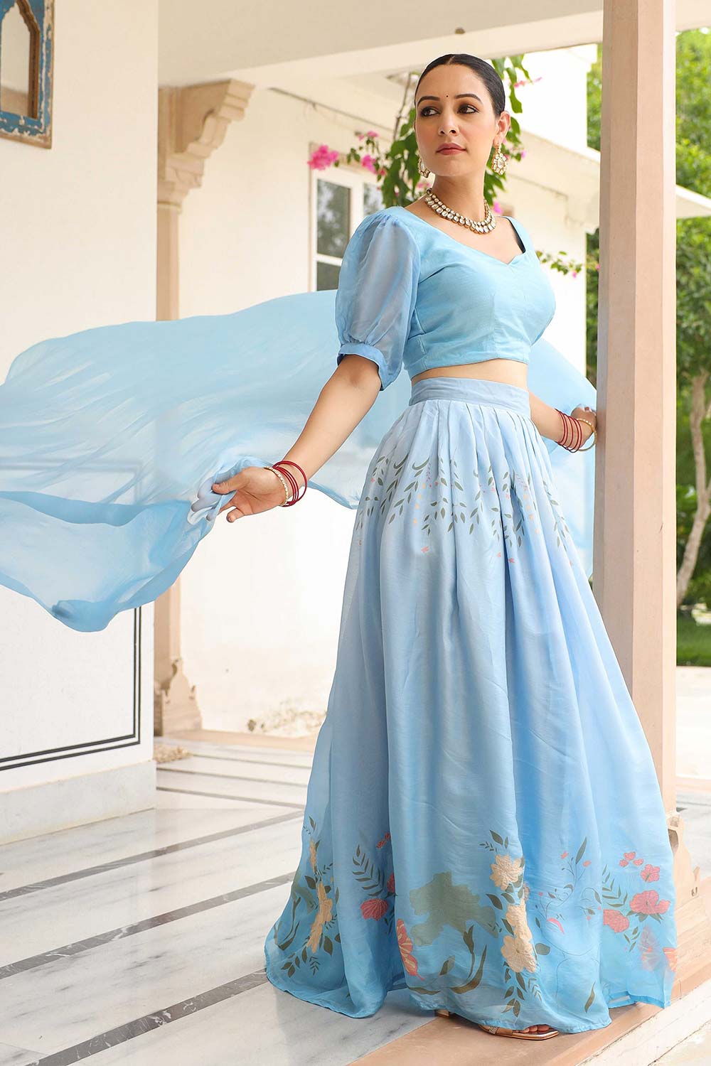 Aqua Blue Ho Silk Flared Lehenga Set