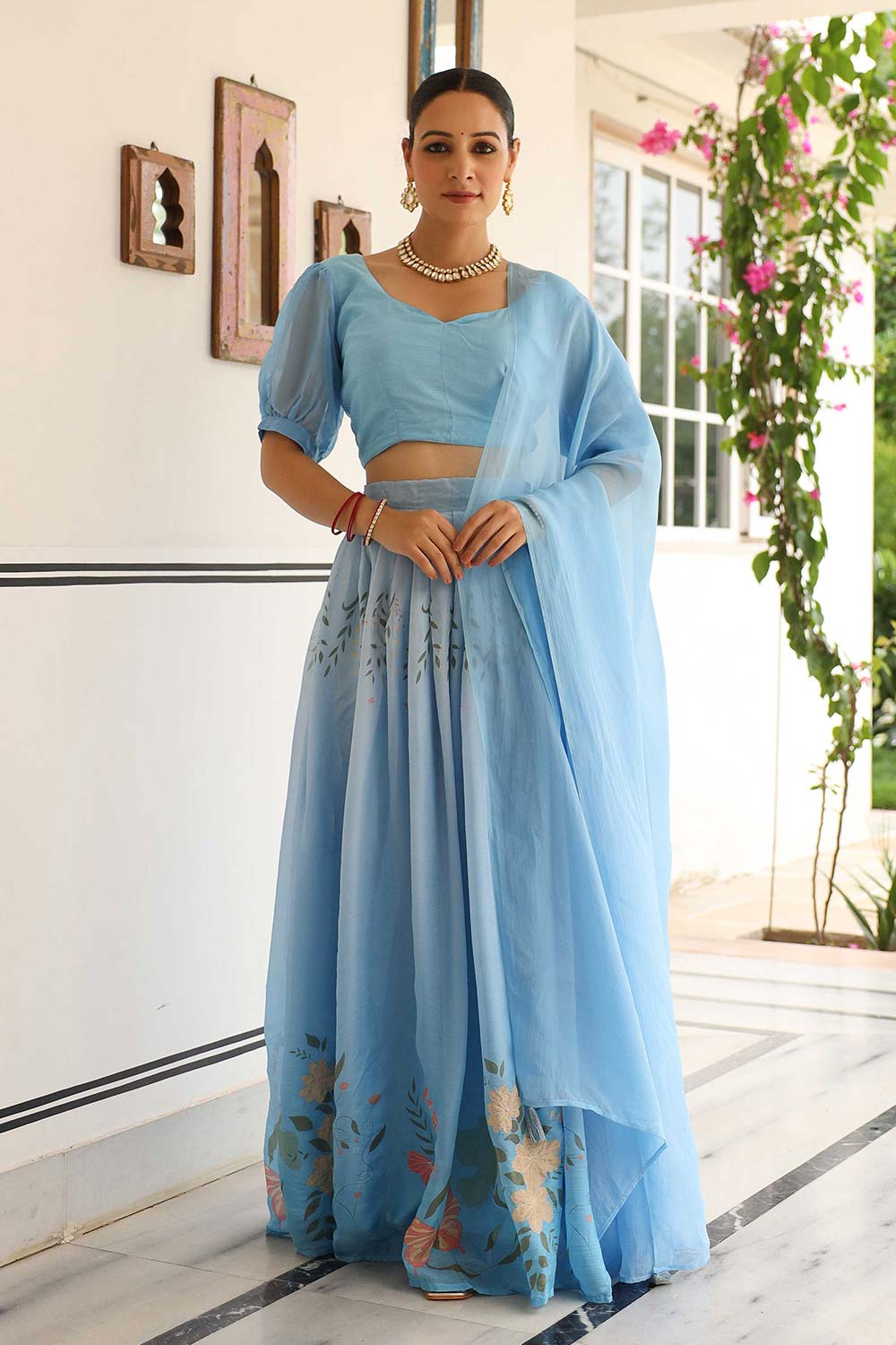 Aqua Blue Ho Silk Flared Lehenga Set