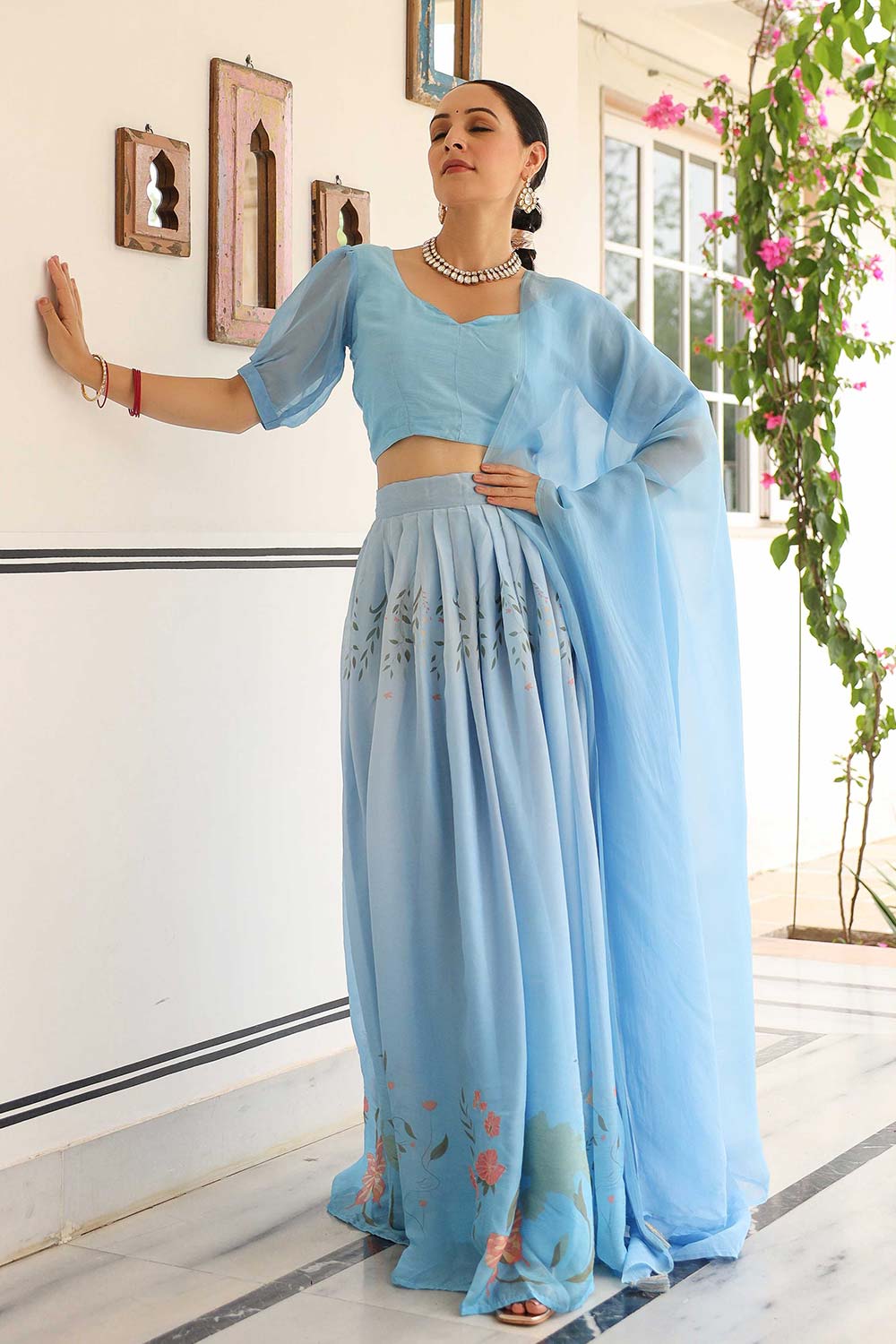 Aqua Blue Ho Silk Flared Lehenga Set