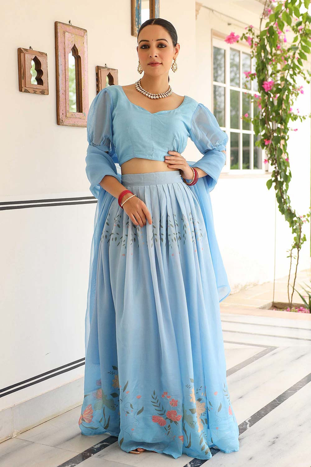 Aqua Blue Ho Silk Flared Lehenga Set