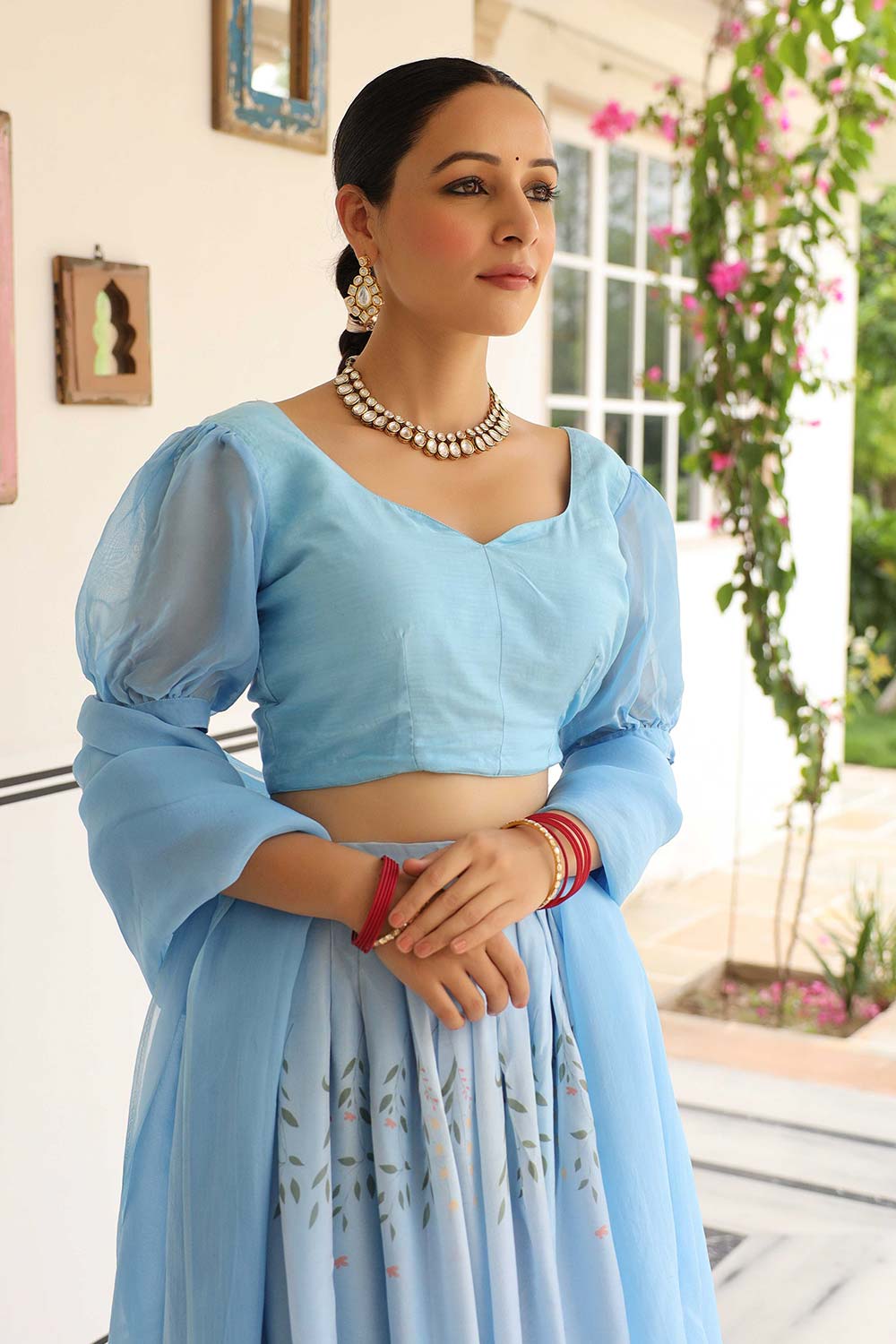 Aqua Blue Ho Silk Flared Lehenga Set