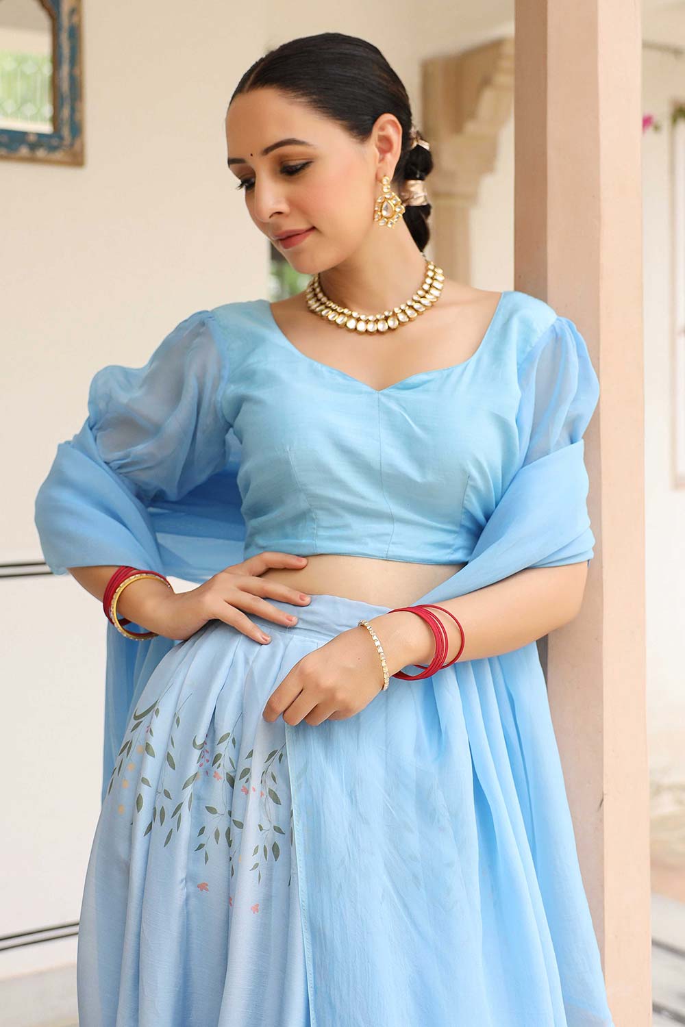 Aqua Blue Ho Silk Flared Lehenga Set